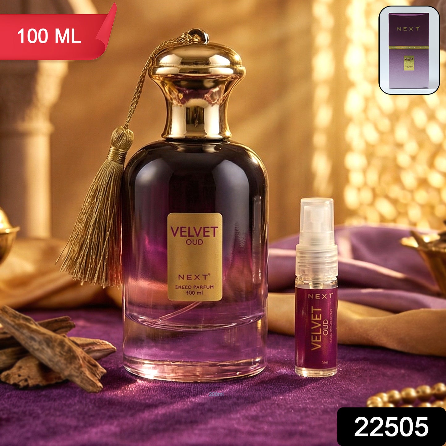 Next Premium Velvet Oud Eau De Perfume by Wukusy, 100ml bottle with elegant velvet packaging and a luxurious oud fragrance.