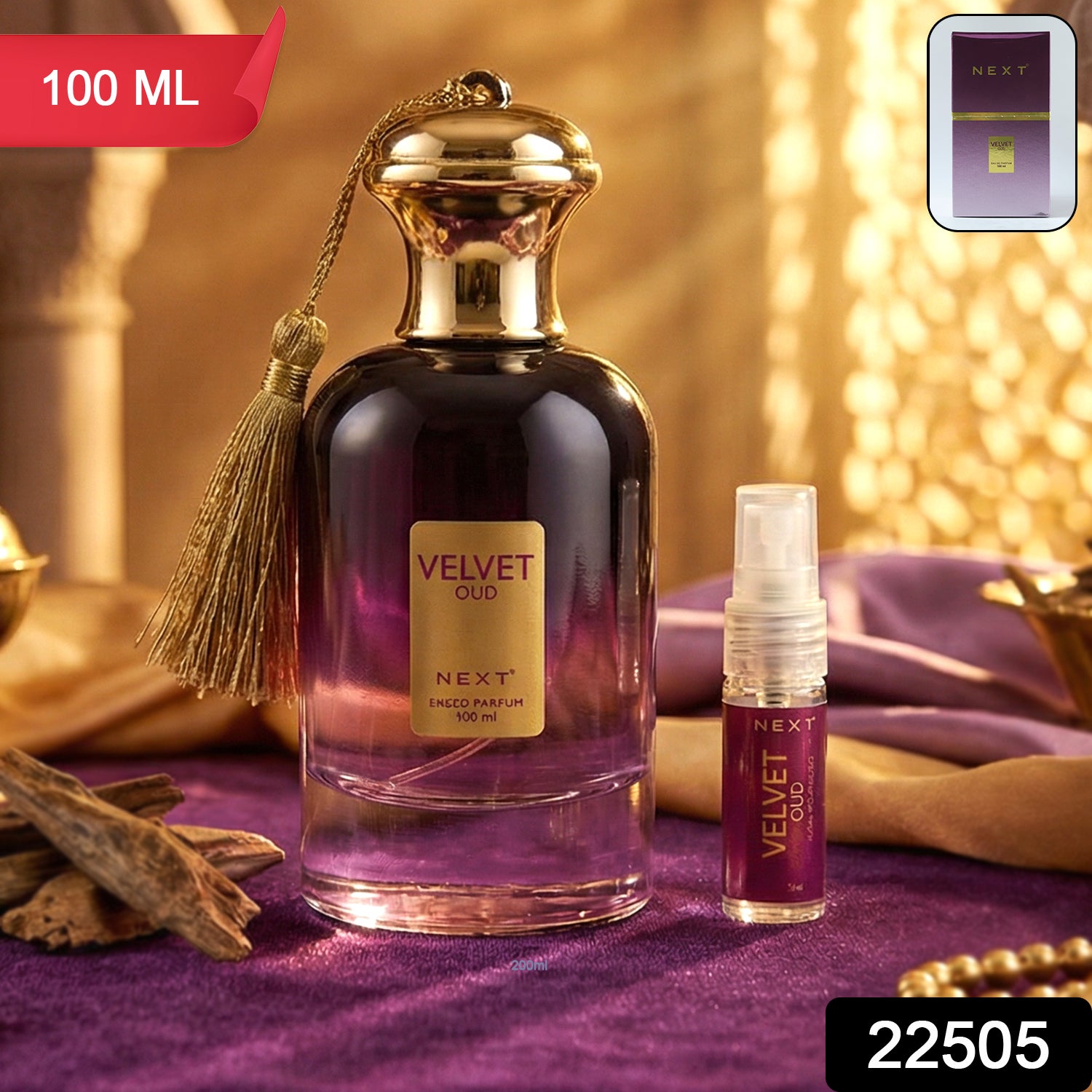 Next Premium Velvet Oud Eau De Perfume by Wukusy, 100ml bottle with elegant velvet packaging and a luxurious oud fragrance.