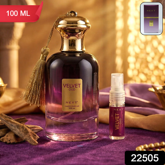 Next Premium Velvet Oud Eau De Perfume by Wukusy, 100ml bottle with elegant velvet packaging and a luxurious oud fragrance.