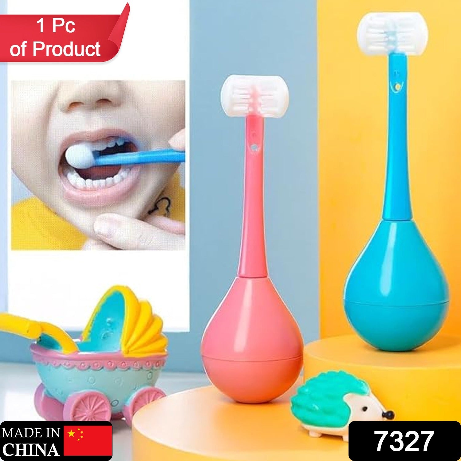 Wukusy 7327 toddler toothbrush with soft bristles, 3-sided silicone head for children ages 2-12, inverted cleaning design.