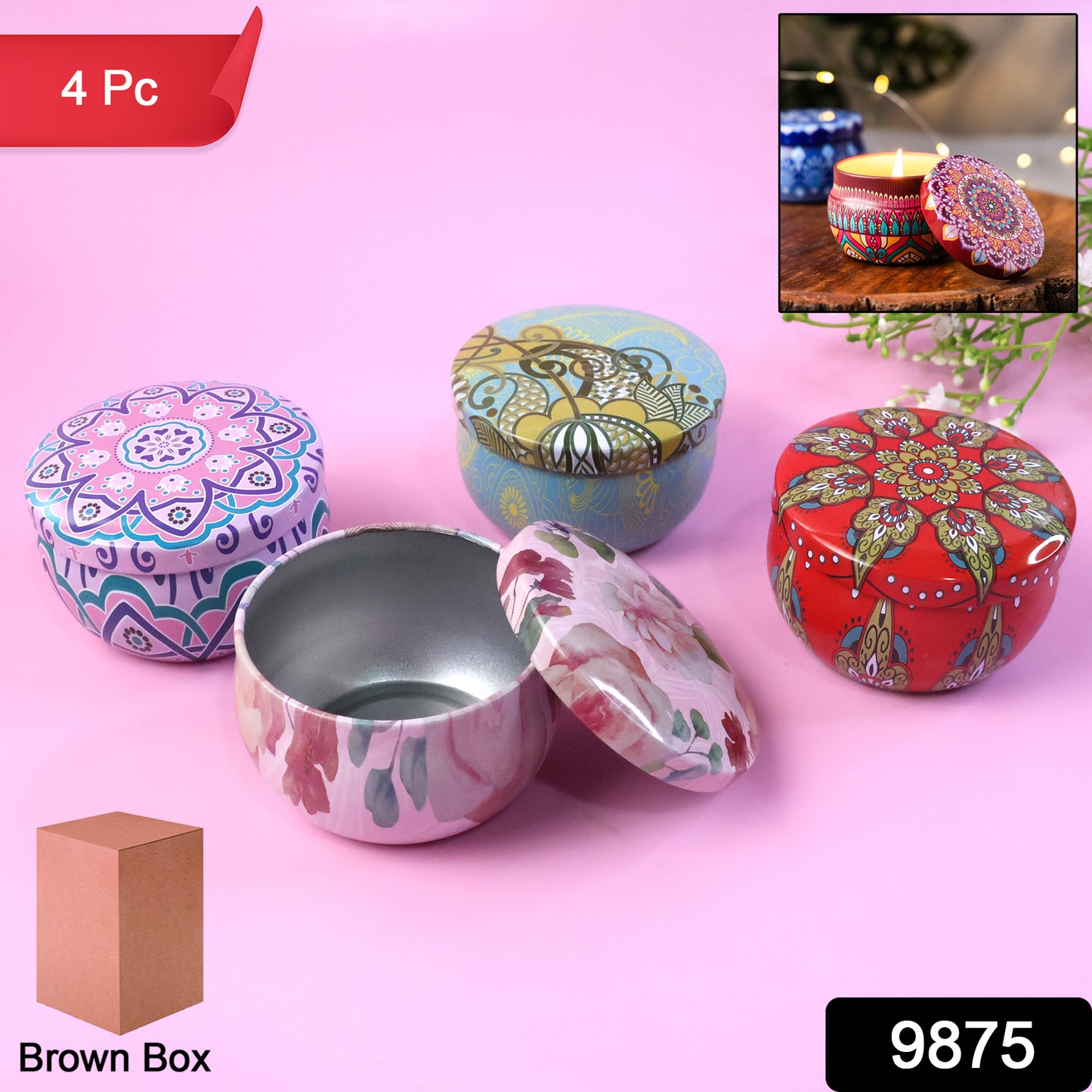 Set of four Wukusy decorative metal candle containers with intricate mandala prints for stylish home decor.