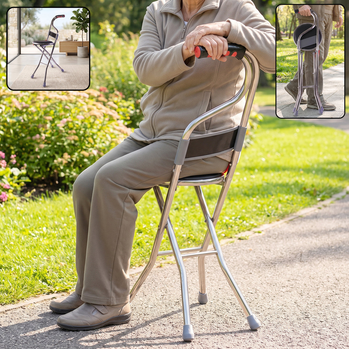 Wukusy folding walking stick with seat and backrest, 4-leg cane stool chair, lightweight and portable for easy mobility.