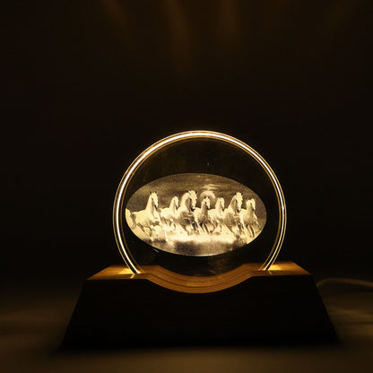 Wukusy 3D crystal LED table lamp with intricate geometric design illuminated, showcasing modern decorative lighting.