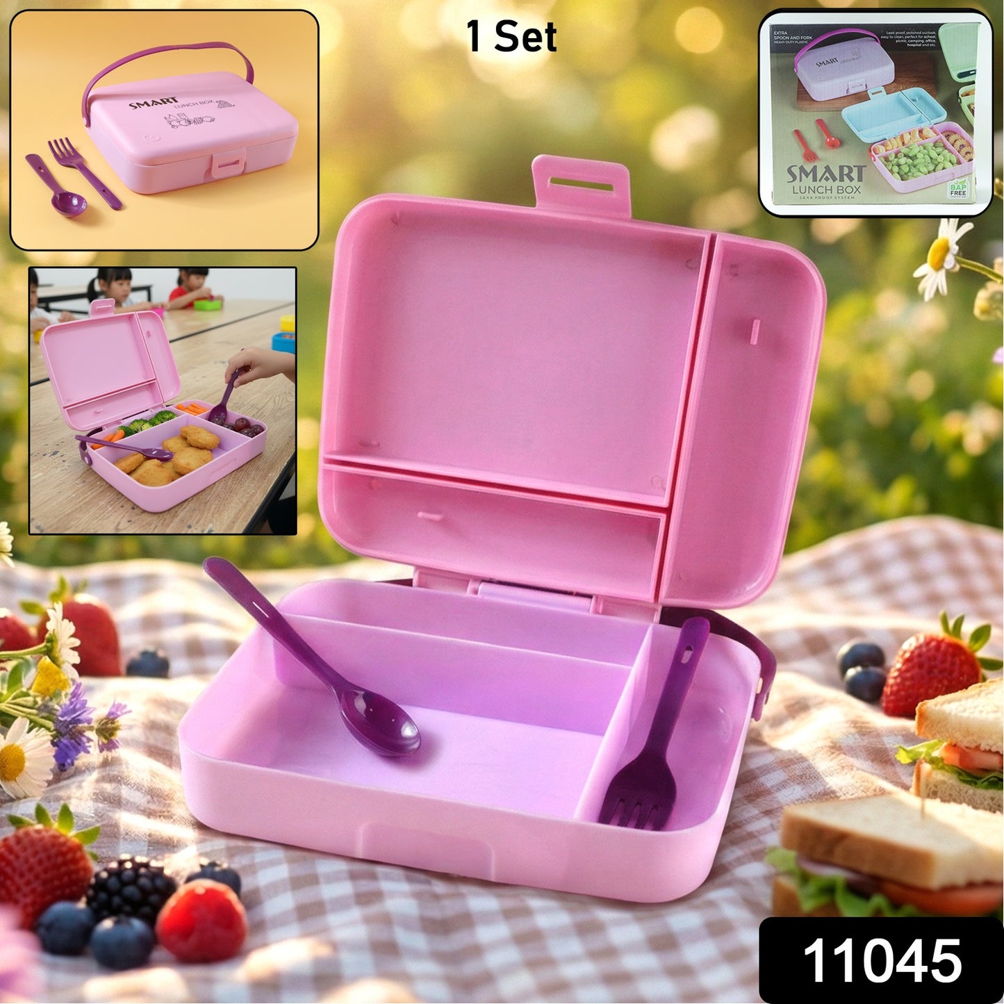 Wukusy leak-proof lunch box with three compartments and spoon set, showing durable plastic container and included utensils.