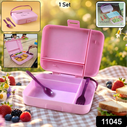 Wukusy leak-proof lunch box with three compartments and spoon set, showing durable plastic container and included utensils.