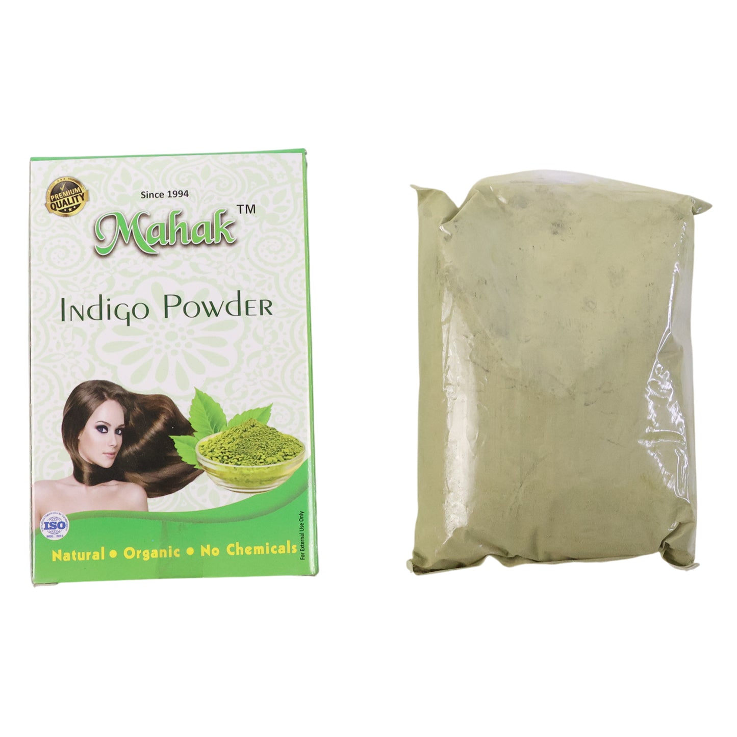 Wukusy natural indigo powder for traditional hair care, 80g, showing vibrant blue indigo leaves and powder in a rustic setting.