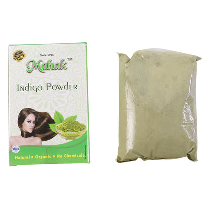 Wukusy natural indigo powder for traditional hair care, 80g, showing vibrant blue indigo leaves and powder in a rustic setting.