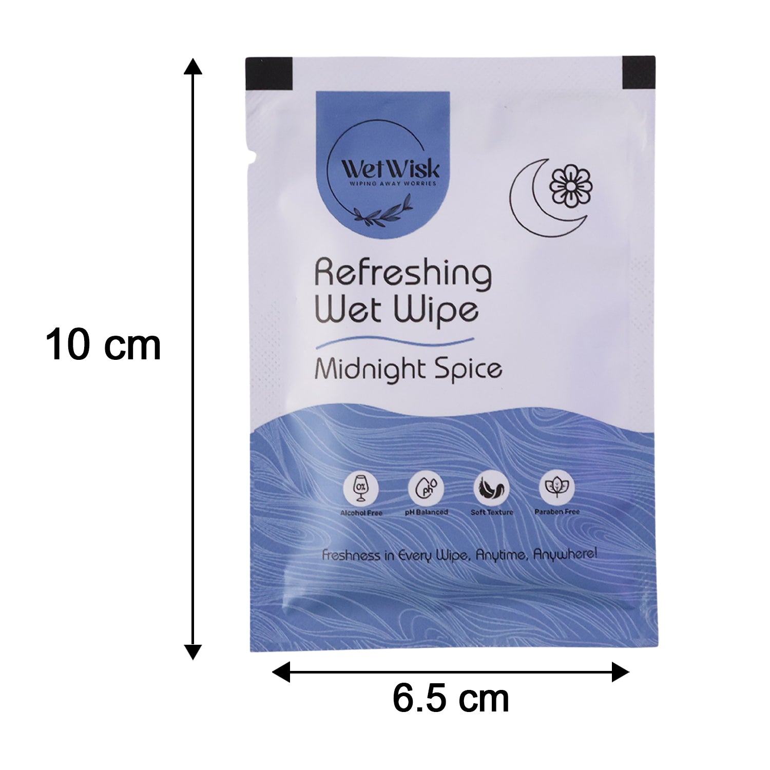 Wukusy Midnight Spice refreshing wet wipe for face, body, and hands, moist cleansing cloth in a single packet