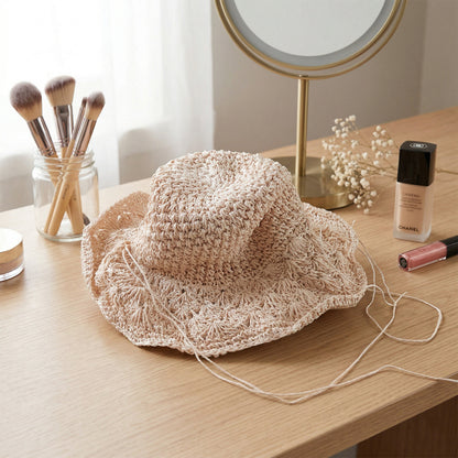 Wukusy stylish handwoven wide brim summer sun hat with a natural straw color and a broad brim for sun protection