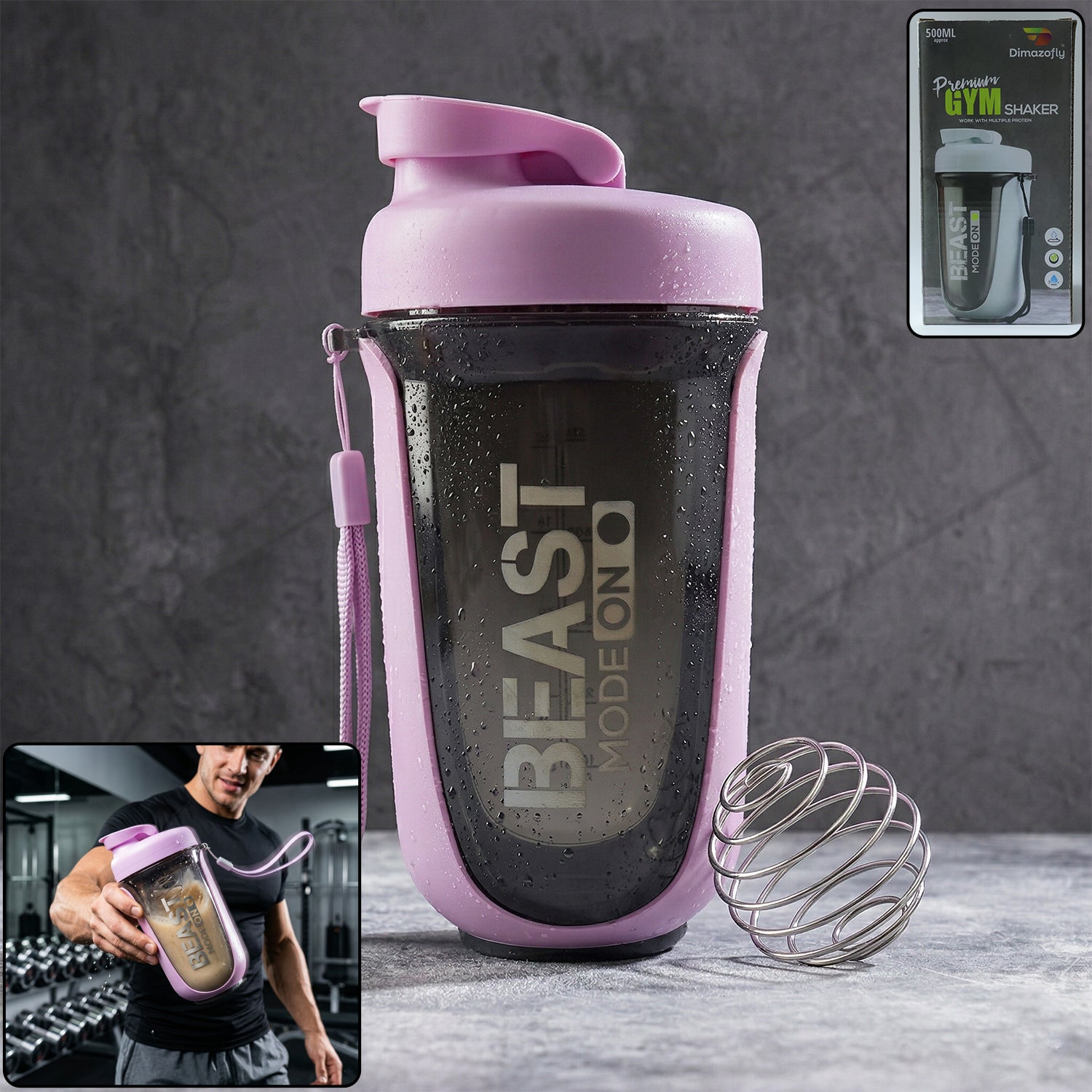 Wukusy premium leak-proof gym shaker bottle, 500 ml capacity, with secure lid and mixing ball for smoothies and protein shakes.