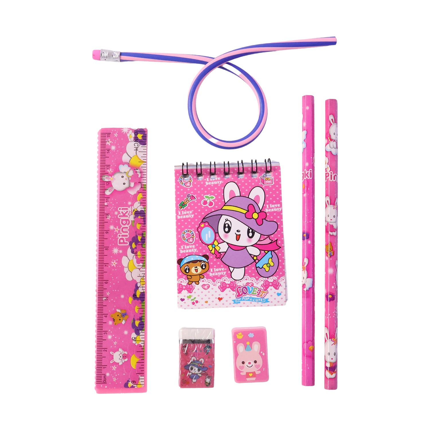 Wukusy 7-in-1 pink stationery set with ruler, pencil, eraser, notebook, and sharpener arranged on a white background