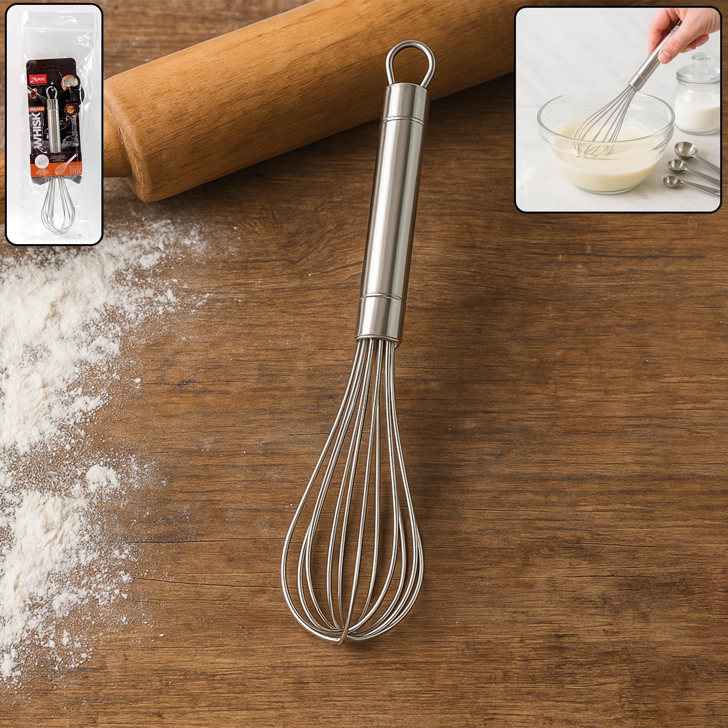 Wukusy Apex stainless steel small hand whisk for kitchen use, with a durable handle and wire loops for mixing and whisking.