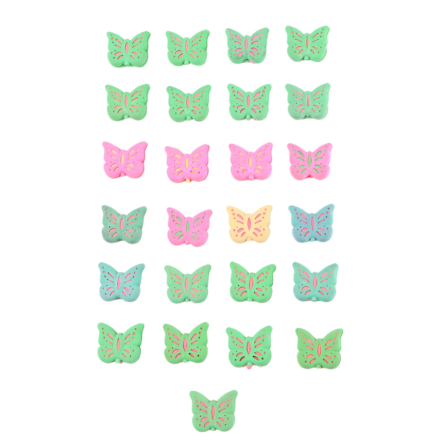 Set of 25 colorful butterfly-shaped rubber erasers by Wukusy, ideal for office and school use, featuring vibrant mixed colors and designs.