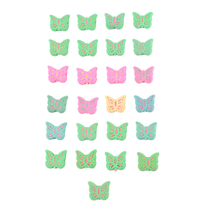 Set of 25 colorful butterfly-shaped rubber erasers by Wukusy, ideal for office and school use, featuring vibrant mixed colors and designs.