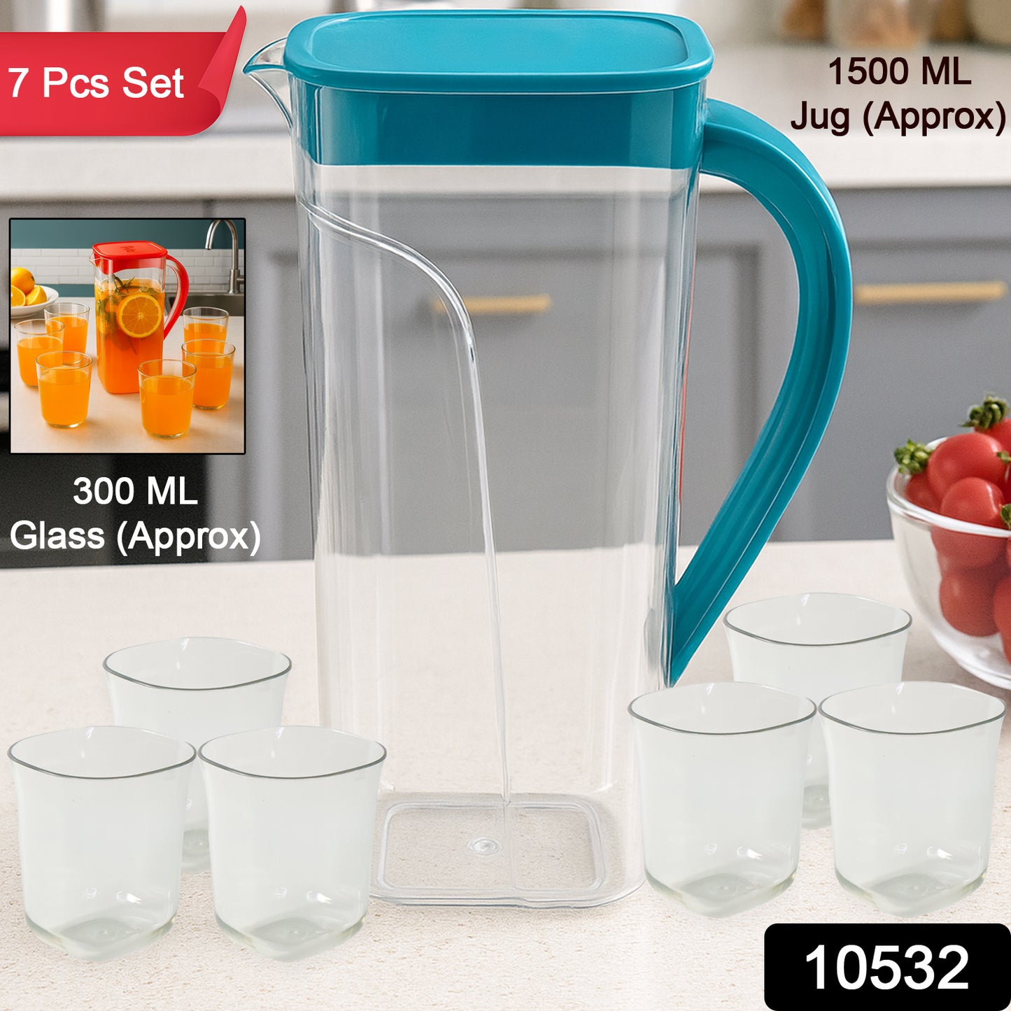 Wukusy Supermom Marina Jug with six glass set, clear glass containers and matching jug for stylish home and kitchen use.