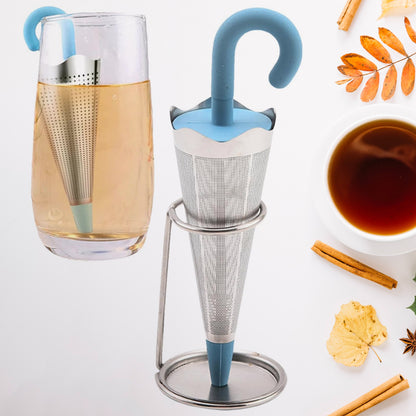 Wukusy reusable cute umbrella tea strainer with tray stand, made of durable material, perfect for brewing loose leaf tea in home kitchen.