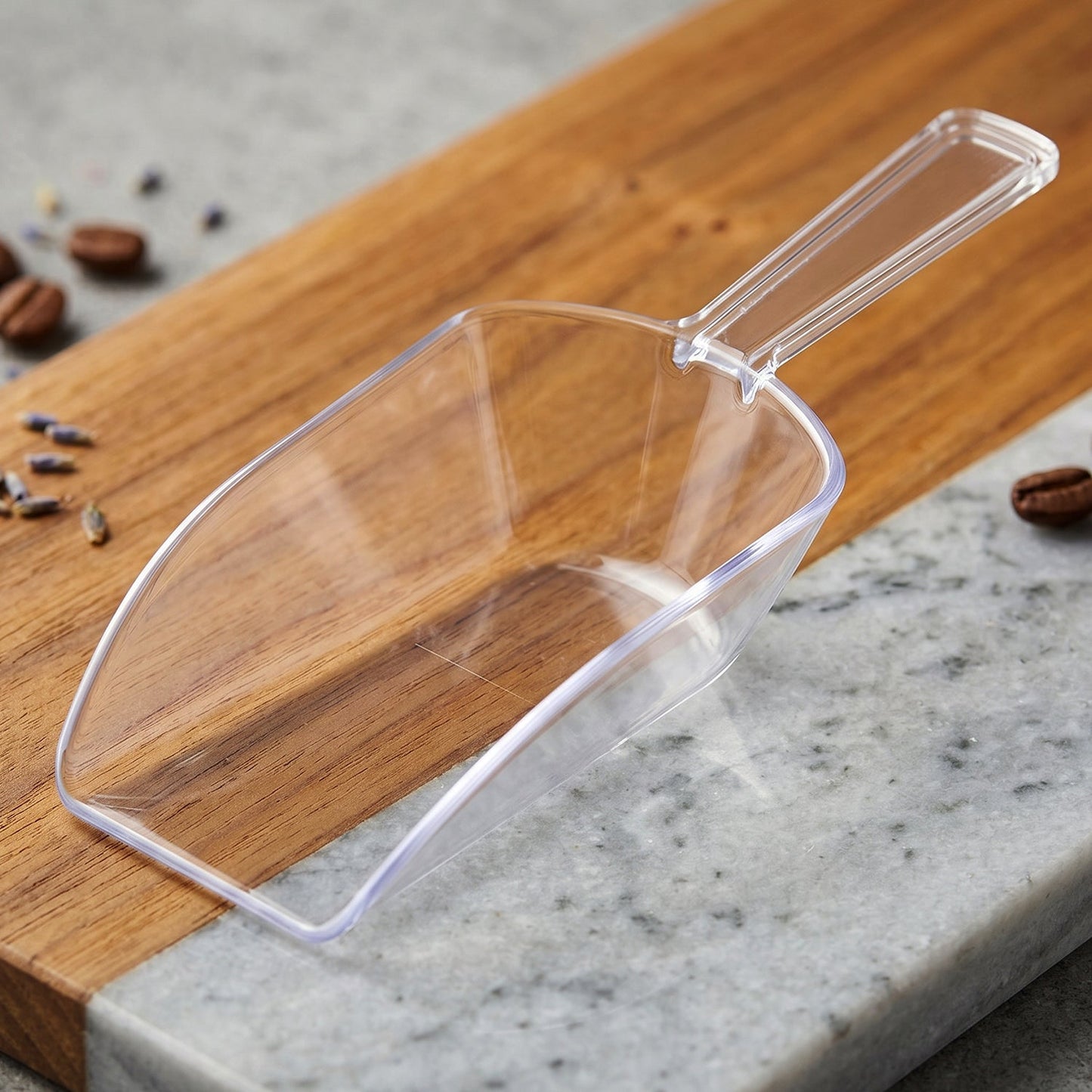 Set of three clear plastic scoops for flour, coffee, sugar, and grains from Wukusy, featuring versatile, easy-to-use kitchen tools.