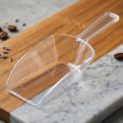 Set of three clear plastic scoops for flour, coffee, sugar, and grains from Wukusy, featuring versatile, easy-to-use kitchen tools.