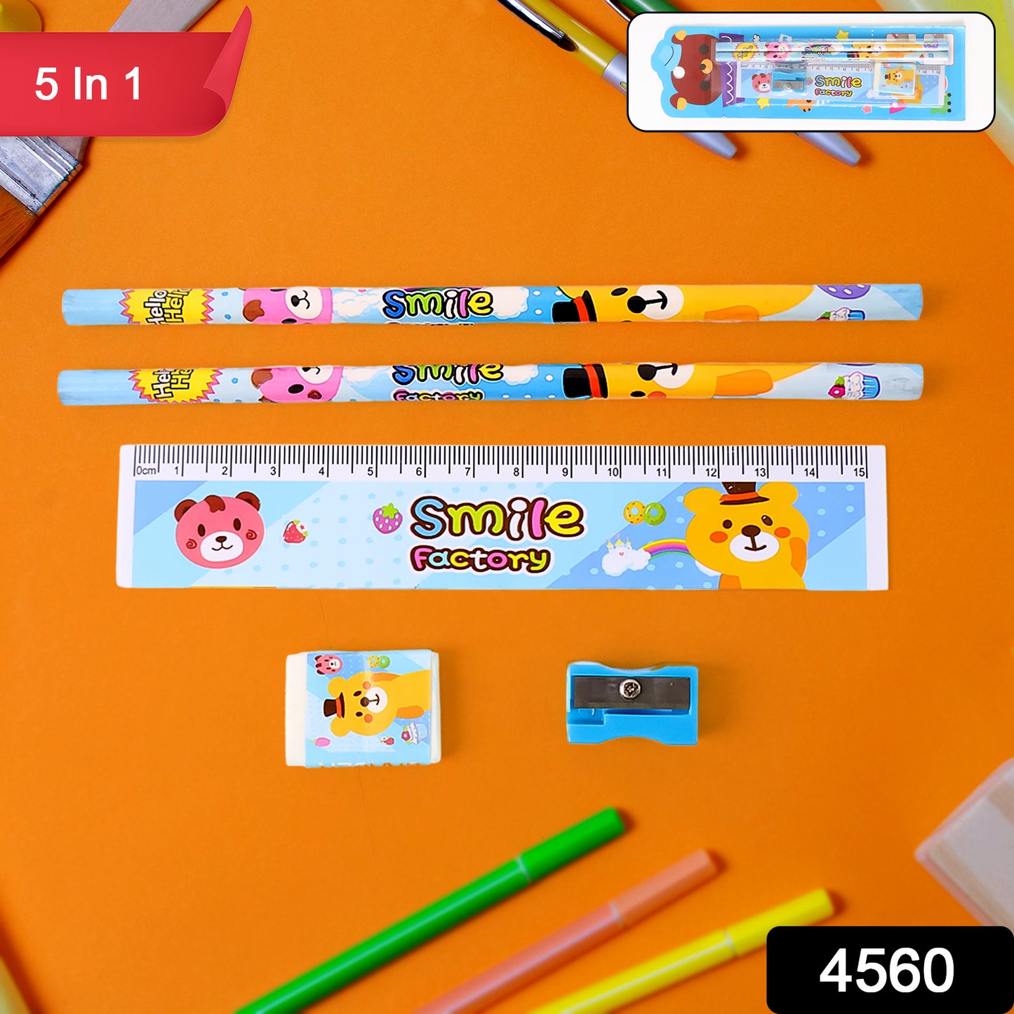 Wukusy 4560 Wooden Pencil Set with five stationery items for kids, ideal for school, gift, or educational use.