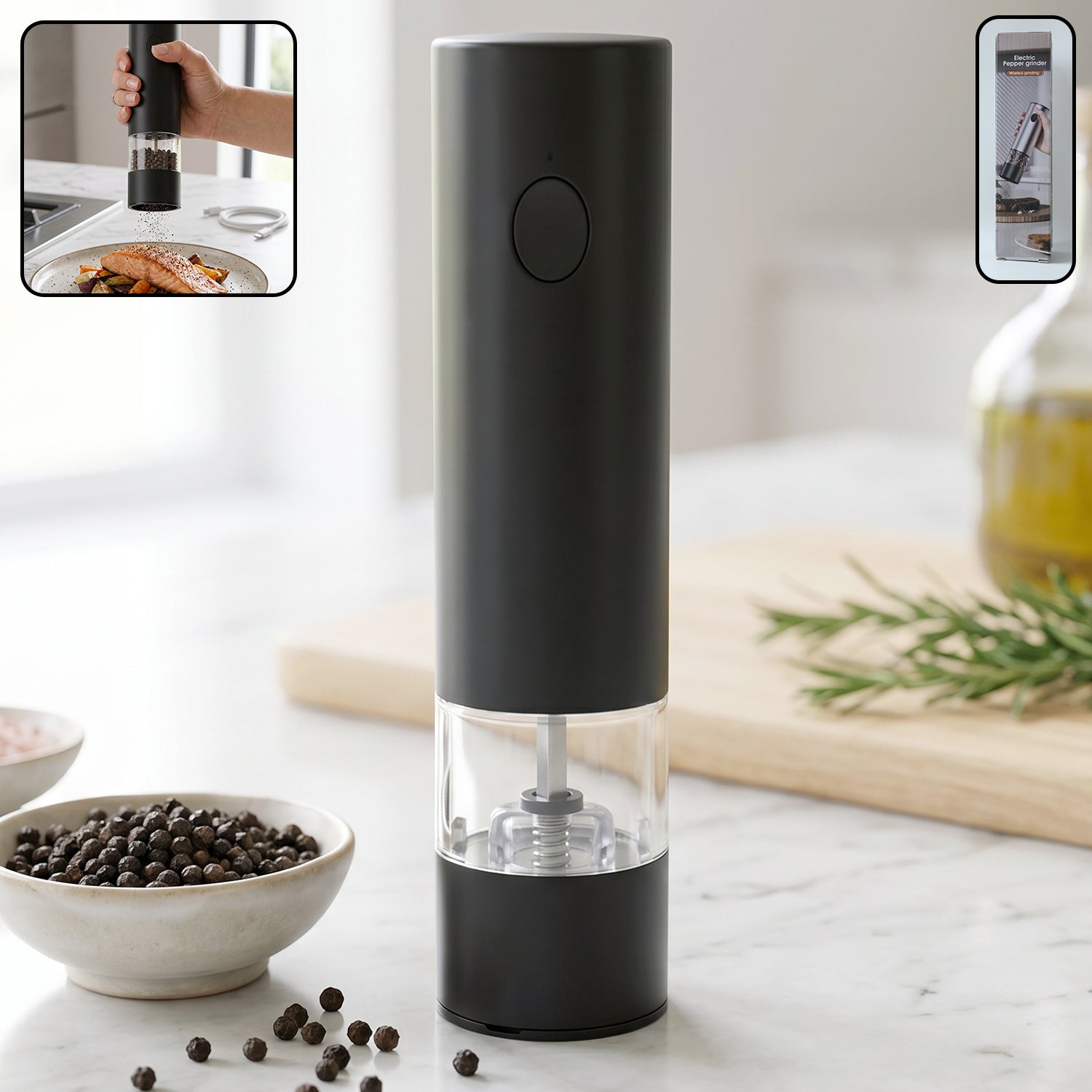 Wukusy electric pepper grinder with USB rechargeable design and one-touch operation, shown with black and stainless steel finish.