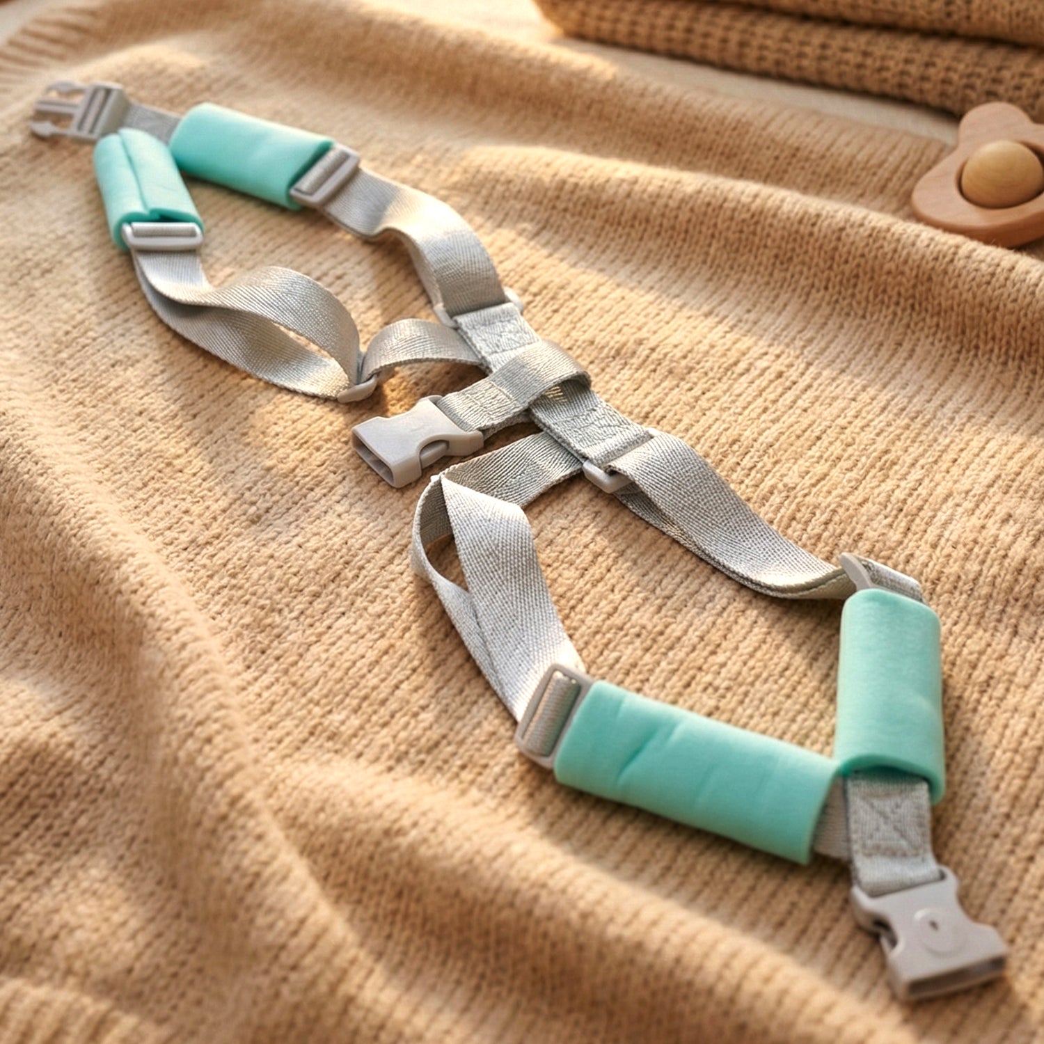 Adjustable Wukusy baby safety harness support belt with padded straps, designed to keep infants secure and comfortable.