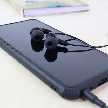 Wukusy Premium Wired Stereo In-ear Earphones with microphone, black in-ear design for mobile audio listening and calls.
