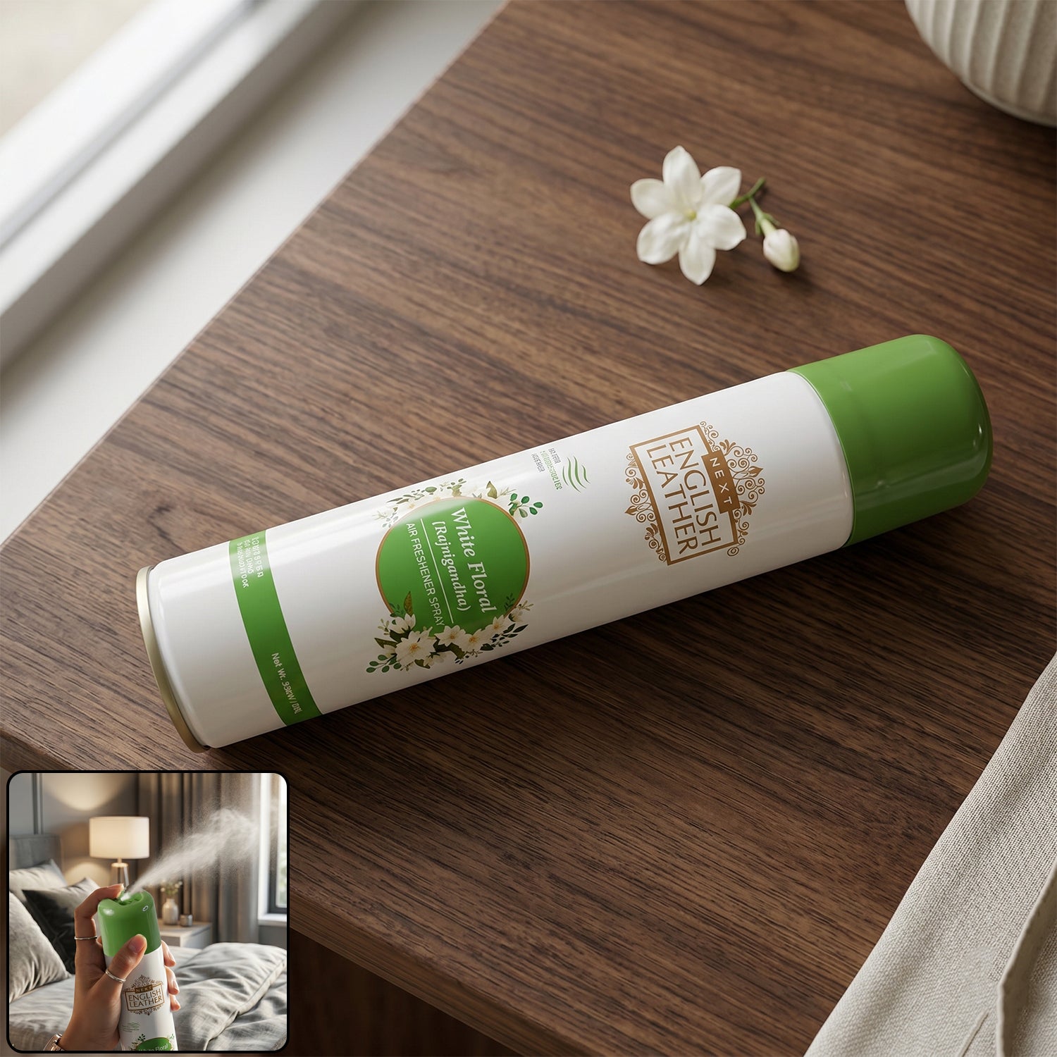 Wukusy Next English Leather floral air freshener spray in 220ml bottle with white floral design and fragrance for home use