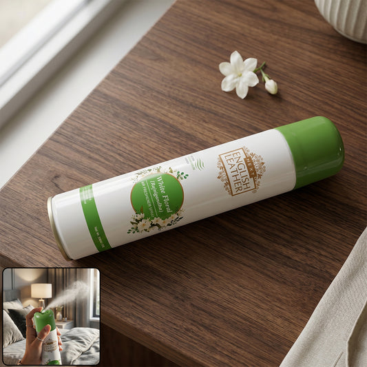Wukusy Next English Leather floral air freshener spray in 220ml bottle with white floral design and fragrance for home use