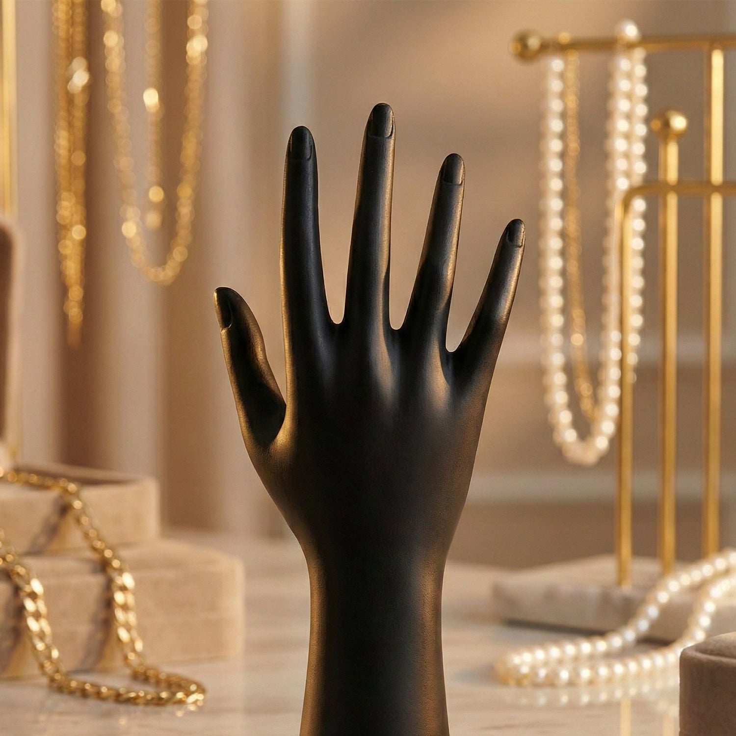 Black hand-shaped jewelry display stand by Wukusy, showcasing rings and bracelets on a sleek, elegant jewelry display stand.