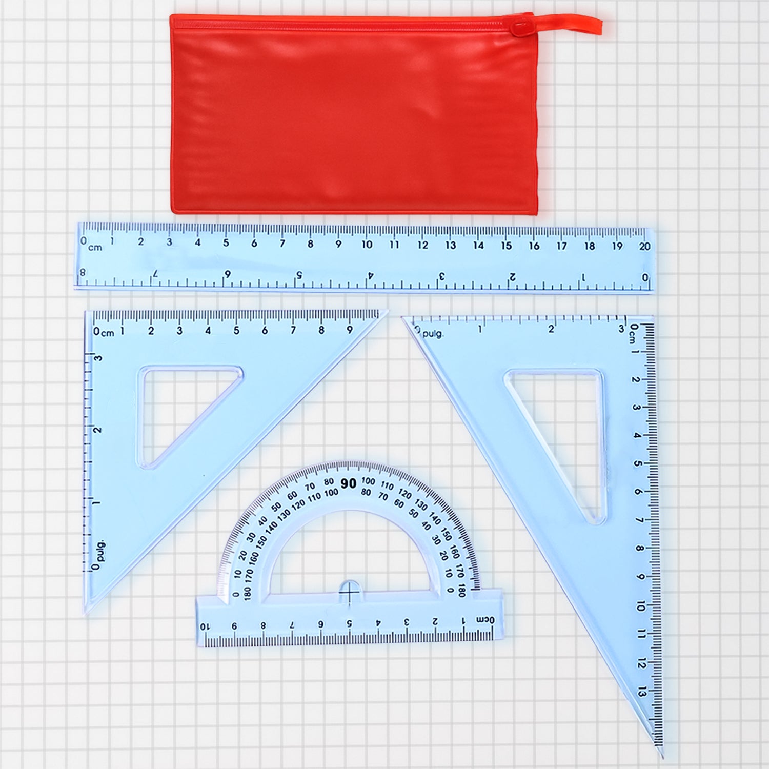 Wukusy 4-piece transparent geometry instrument set with rulers, including a compass, protractor, and rulers for office and school use.