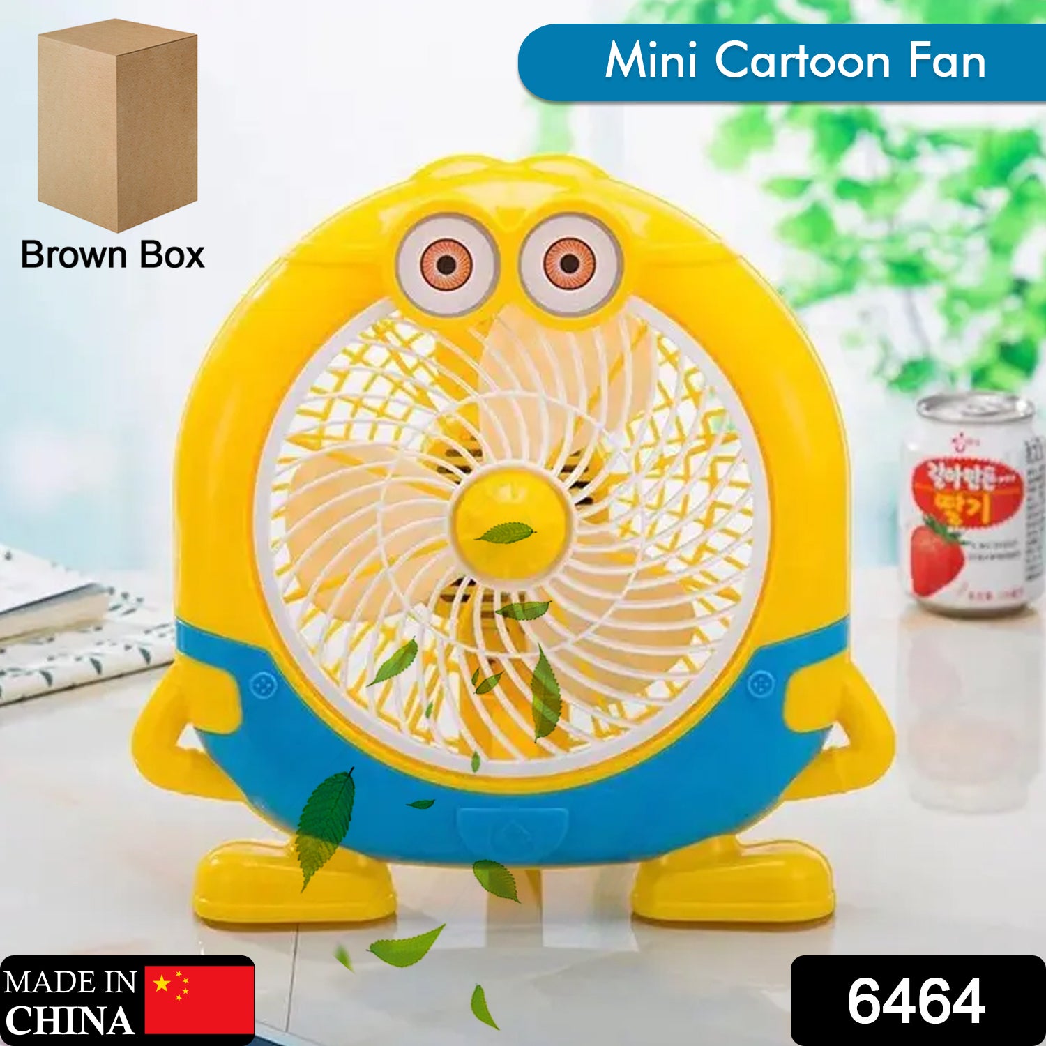 Wukusy 6464 plastic mini cartoon USB desk fan for children, featuring a cute design and compact size, battery not included.