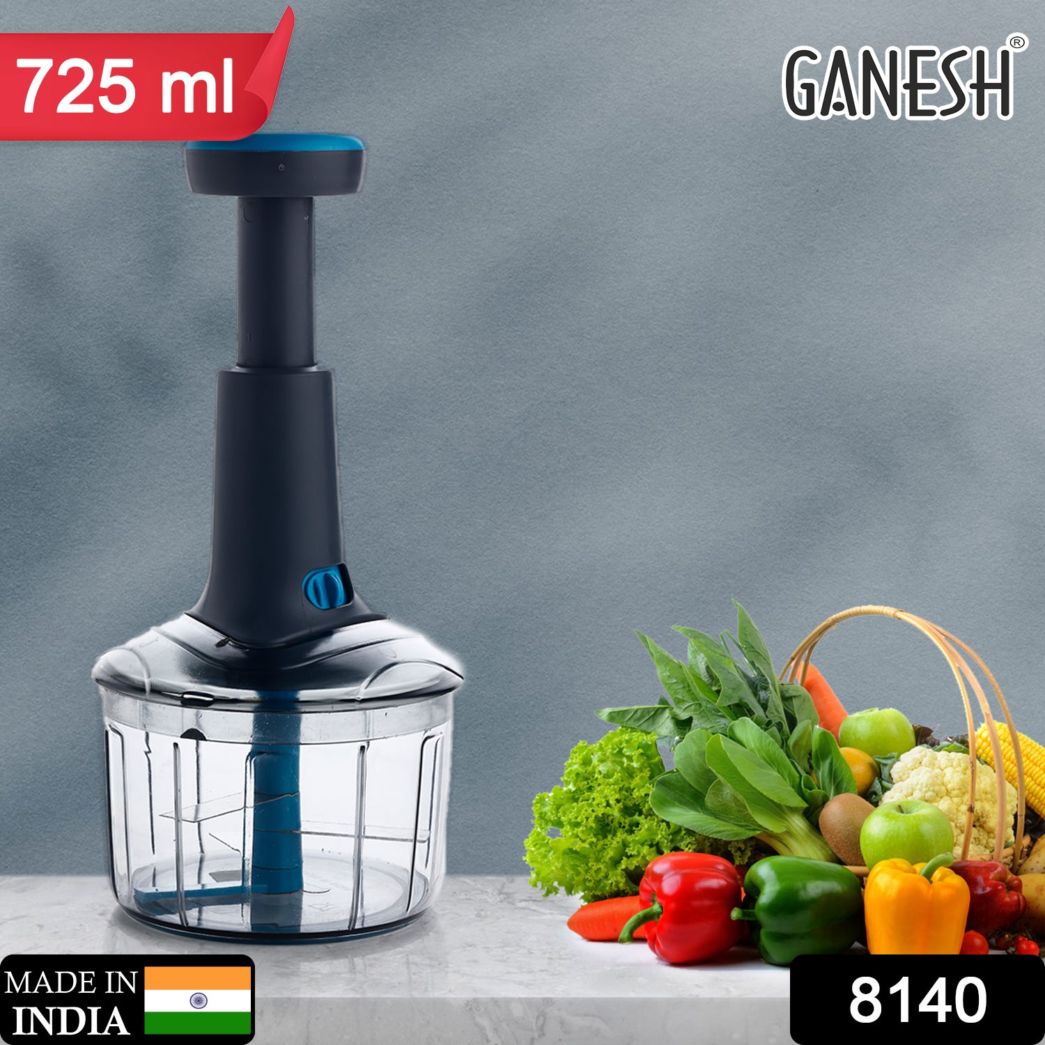 Wukusy 8140 Ganesh Bingo Lock-unlock push chopper with 725ml capacity, featuring a Ganesh design and easy lock-unlock mechanism.
