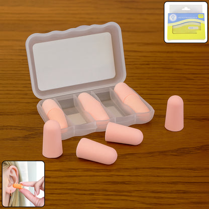 Set of five foam ear plugs with a portable storage box, designed for hearing protection and noise reduction.