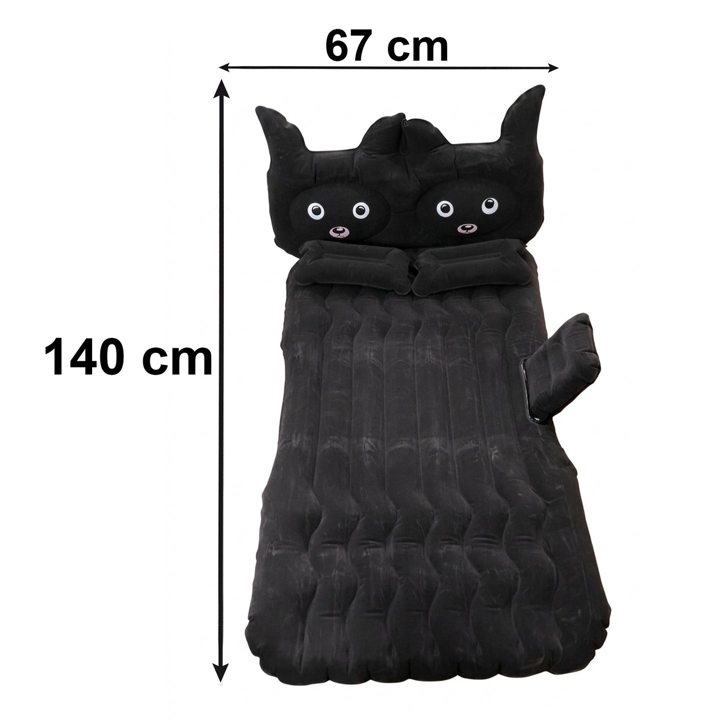 Wukusy cute car air mattress set with black cat pillow, designed for comfortable sleeping during travel, shown on a vehicle seat.