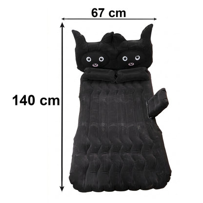 Wukusy cute car air mattress set with black cat pillow, designed for comfortable sleeping during travel, shown on a vehicle seat.