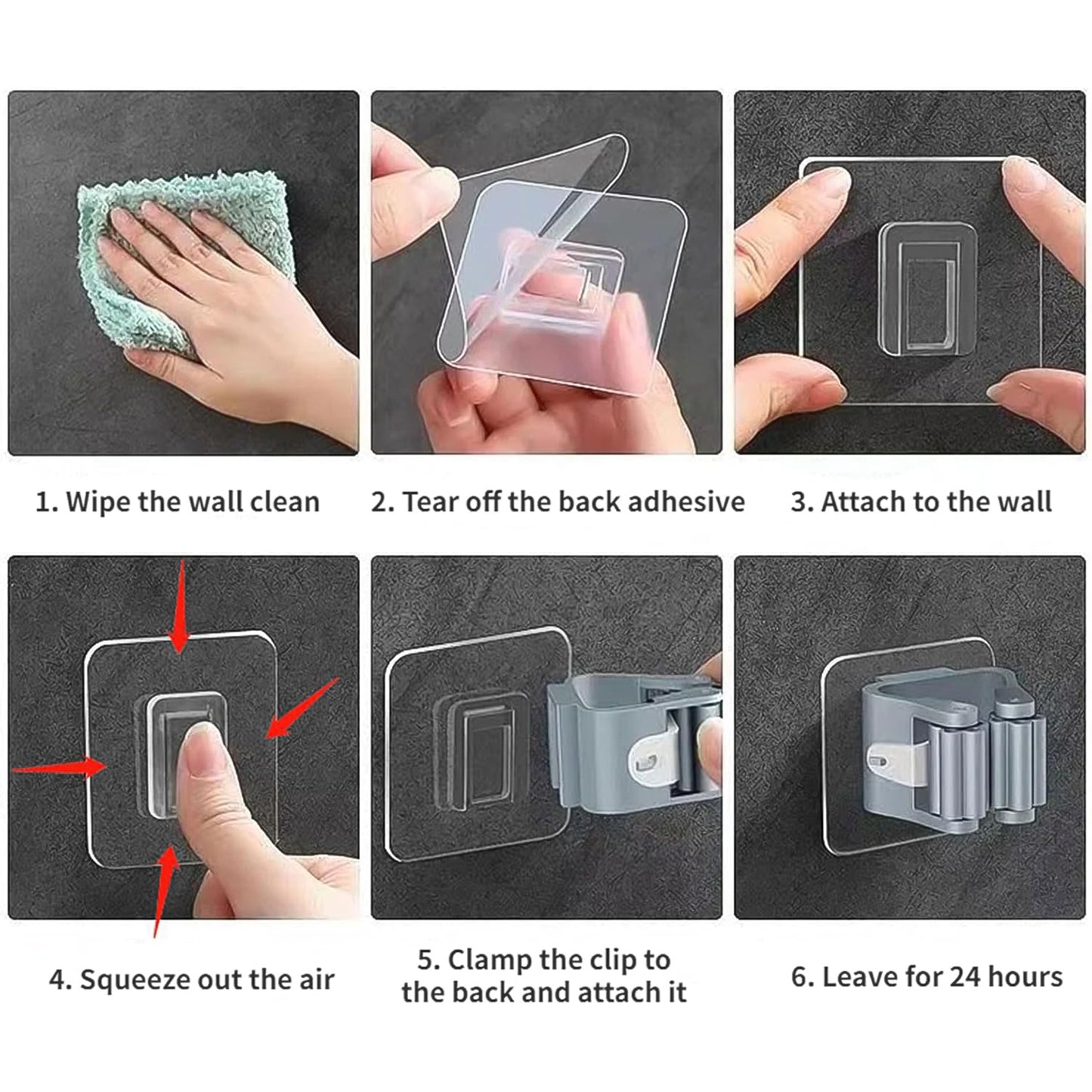 Set of six Wukusy self-adhesive mop and broom holder clips for organizing cleaning tools in home improvement.