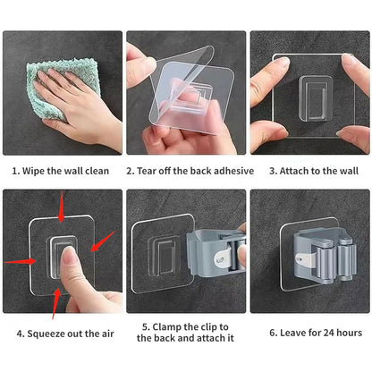 Set of six Wukusy self-adhesive mop and broom holder clips for organizing cleaning tools in home improvement.
