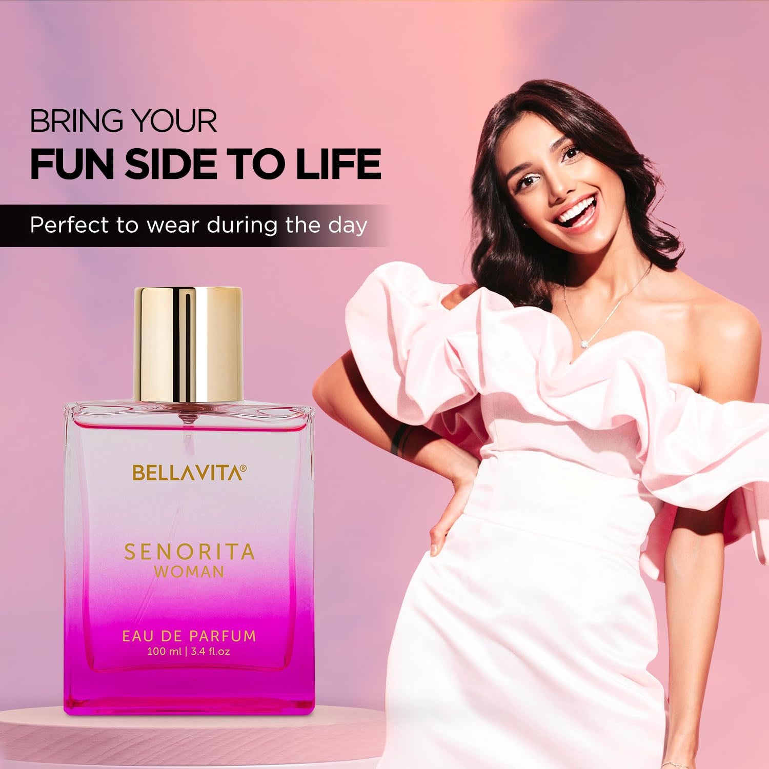 Bellavita Premium Senorita Woman Eau De Perfume bottle by Wukusy, with elegant floral packaging and 100ml size.