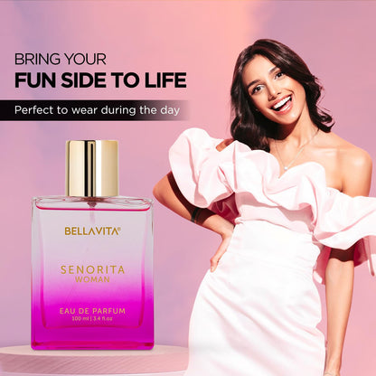 Bellavita Premium Senorita Woman Eau De Perfume bottle by Wukusy, with elegant floral packaging and 100ml size.