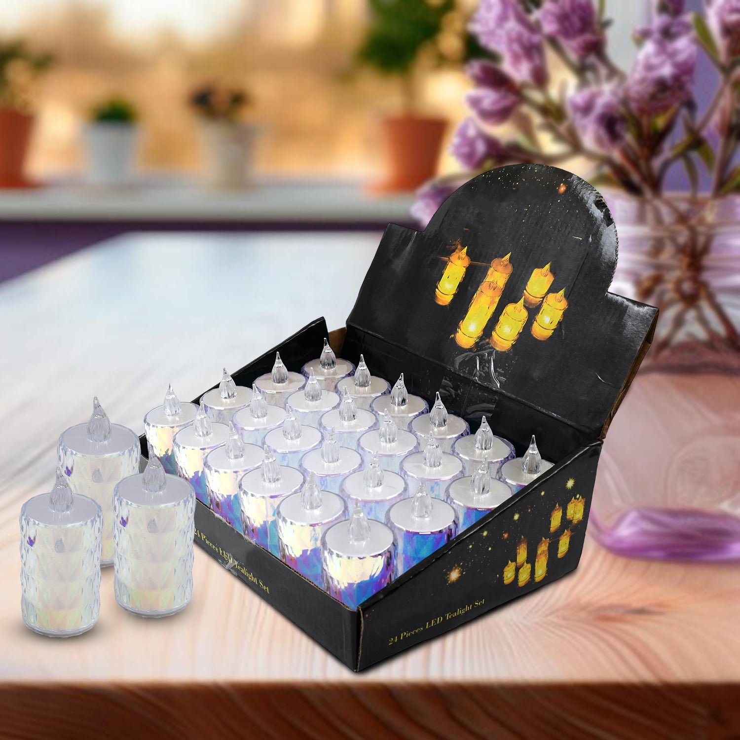 Wukusy 24-piece flameless LED tea light candles, smokeless decorative melting candles for home ambiance.