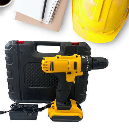 Wukusy 21V Lithium Double Battery Cordless Drill Set with 29 tools and accessories, displayed with drill and tool case.