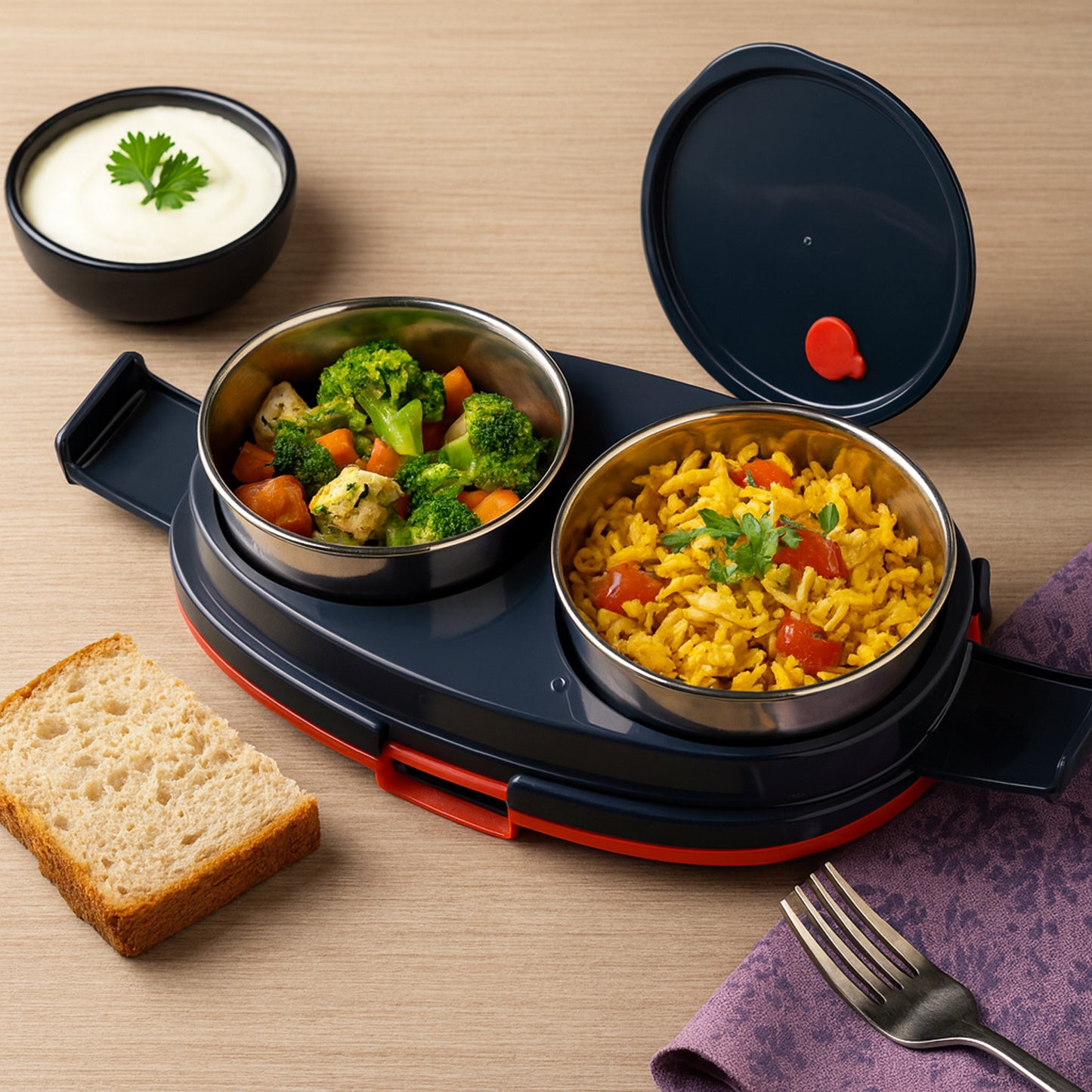 Wukusy Orbit electric lunch box with dual stainless steel containers for convenient hot meals at home or work.