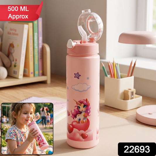 Wukusy cute cartoon printed kids water bottle with flip top lid and straw, 500 ml capacity, colorful animal design