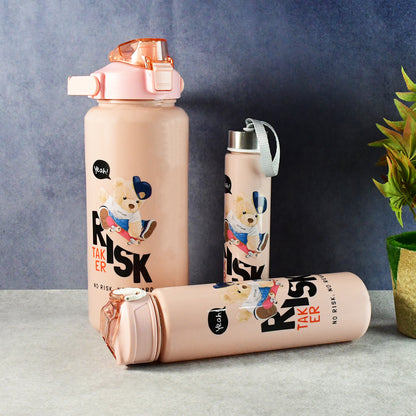 Set of three Wukusy cartoon printed water bottles for kids, featuring colorful, playful designs in a home and kitchen setting.