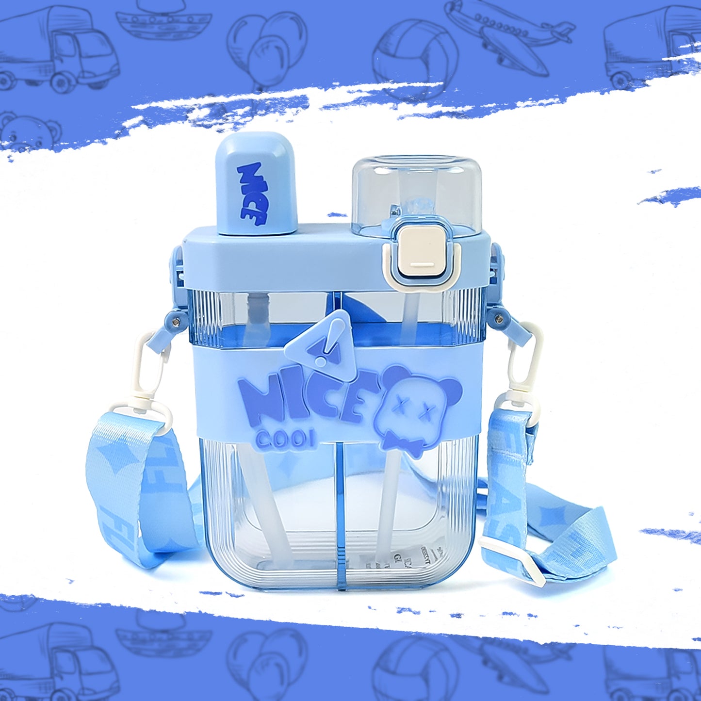 Wukusy 2-in-1 dual compartment water bottle with straw and adjustable shoulder straps in multi-color, suitable for home and outdoor use.