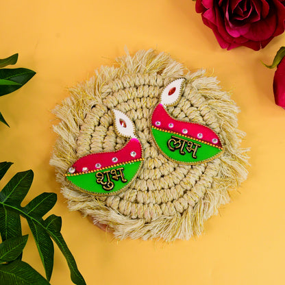 Wukusy Shubh Labh Diya shaped wall hangings, traditional Indian home decor, featuring two colorful diya designs for auspicious ambiance.