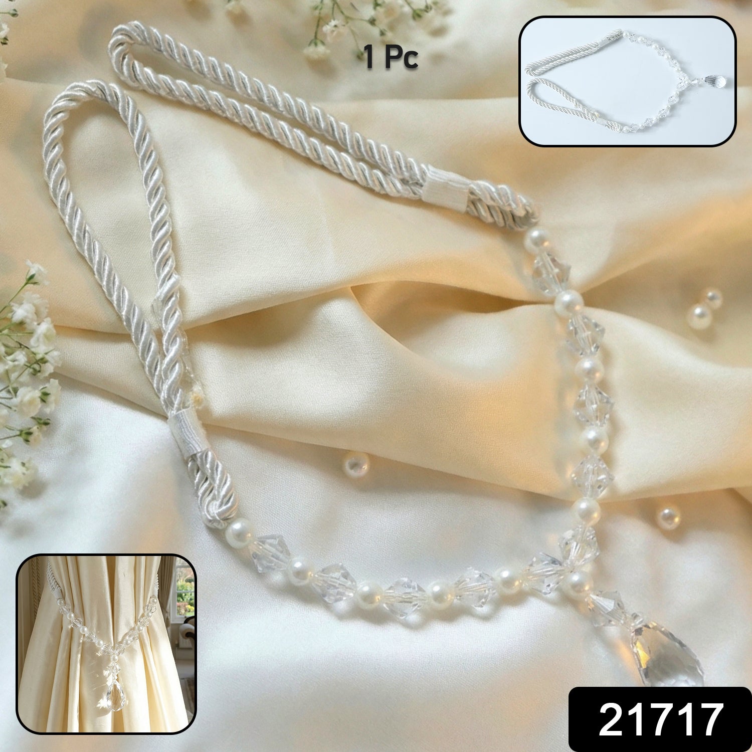 Elegant Wukusy luxury crystal and pearl beaded curtain tieback showcasing shimmering beads and intricate design detail.