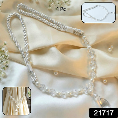 Elegant Wukusy luxury crystal and pearl beaded curtain tieback showcasing shimmering beads and intricate design detail.
