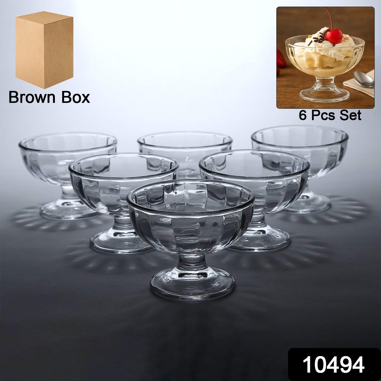 Set of six Wukusy premium glass ice cream dessert bowls, clear and elegant for serving treats in home and kitchen settings.