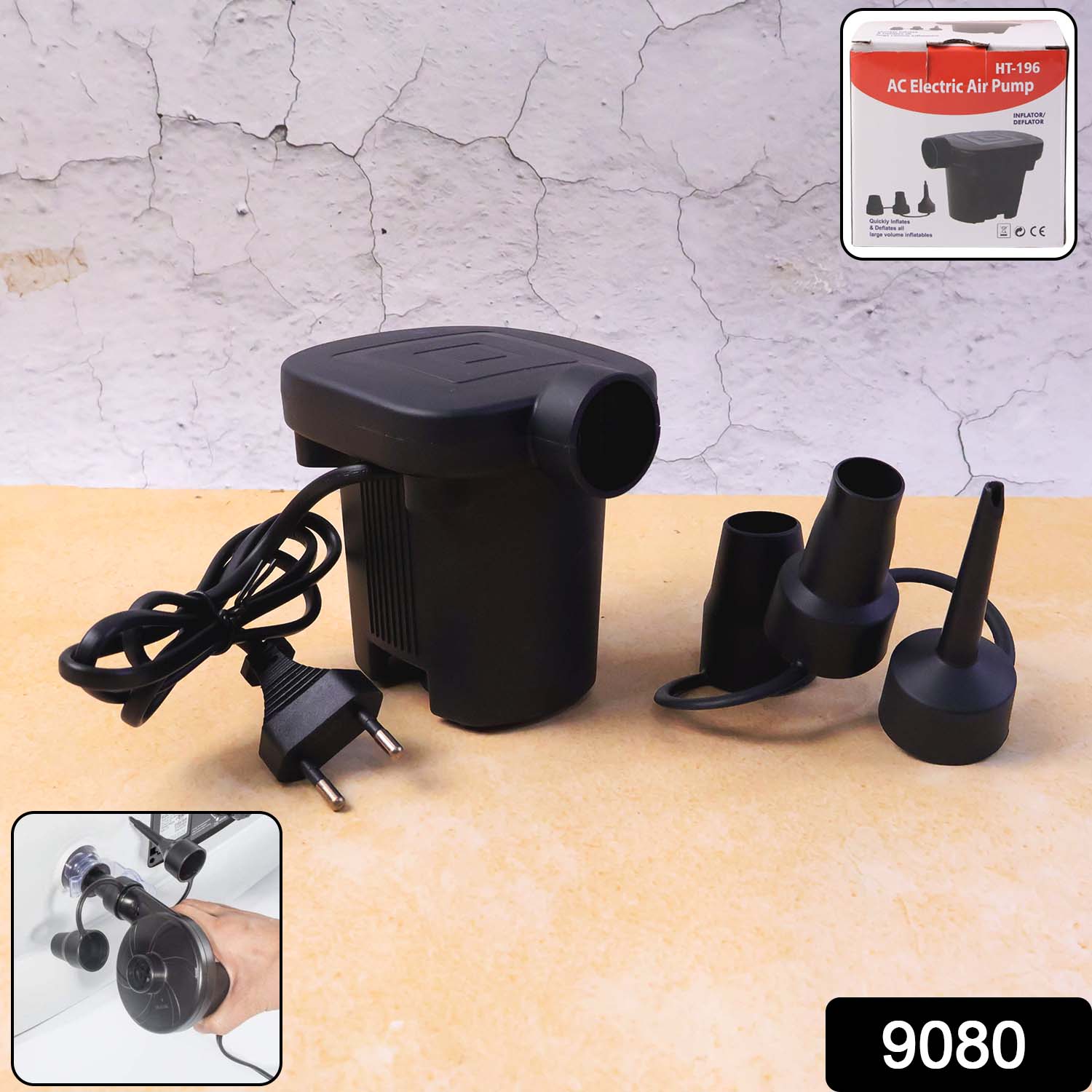 Wukusy 9080 electric air pump for balls and balloons with three nozzles, compact and portable for quick inflation.